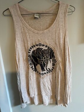 Paper Crane Neutral Beige Scoop Neck Tank with Elephant graphic